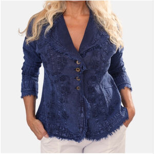 Giocam Blue Embroidered Blazer Jacket XL Boho Floral Button Front